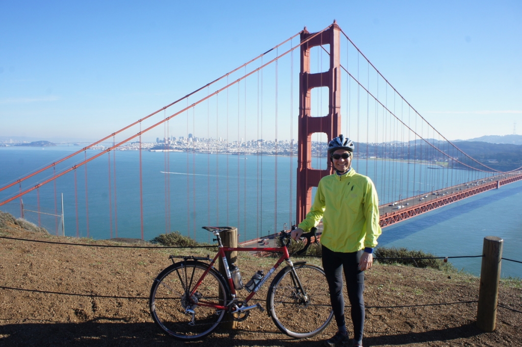 Mid-ride across the Golden Gate Bridge on the Marin Headlands loop.