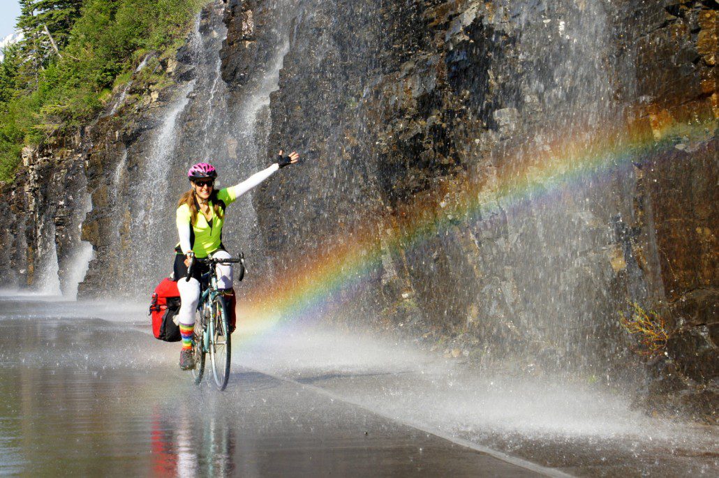My pot of gold at the end of a rainbow! Riding next to Weeping Wall in Glacier on Going-to-the-Sun Road.
