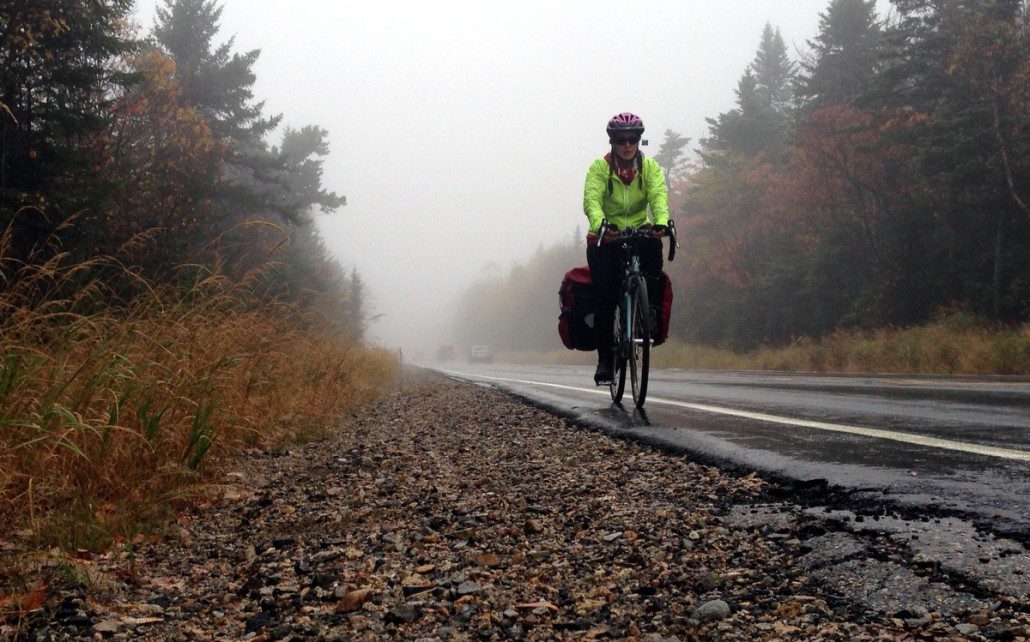 Chelsea working hard near the Kancamagus Pass overlook in a cold, soaking rain. She doesn't always smile. :)