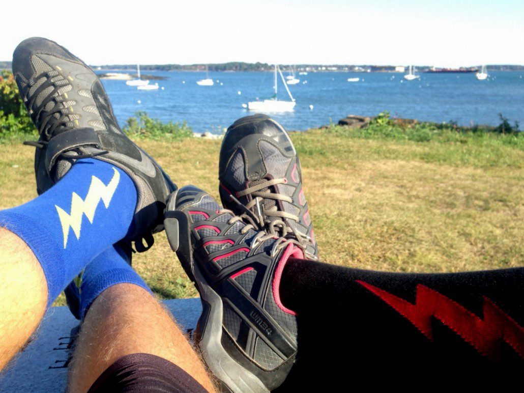 Every finish to a bike ride requires matching lightning socks! D is blue/yellow, C is black/red. Shazam!