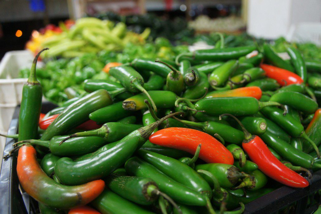 Piles of chiles in the market.