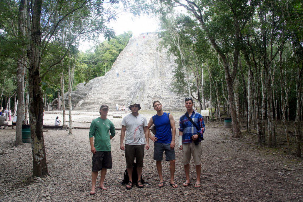Acting tough in front of the main ruin in Coba. 150 feet tall!