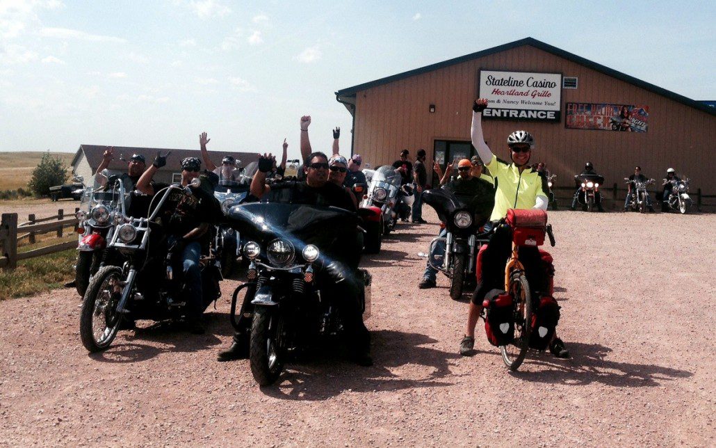 Making friends with burly bikers at the Sturgis Rally in South Dakota.