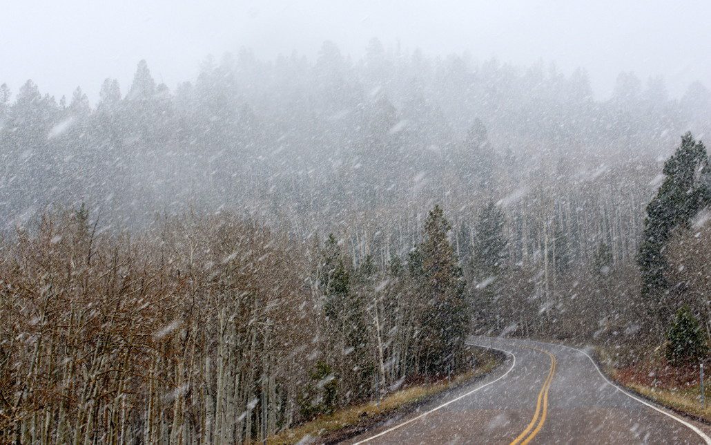 Can't always avoid bad weather! A snowstorm hits on the way over the 9,600' pass near Escalante, Utah.
