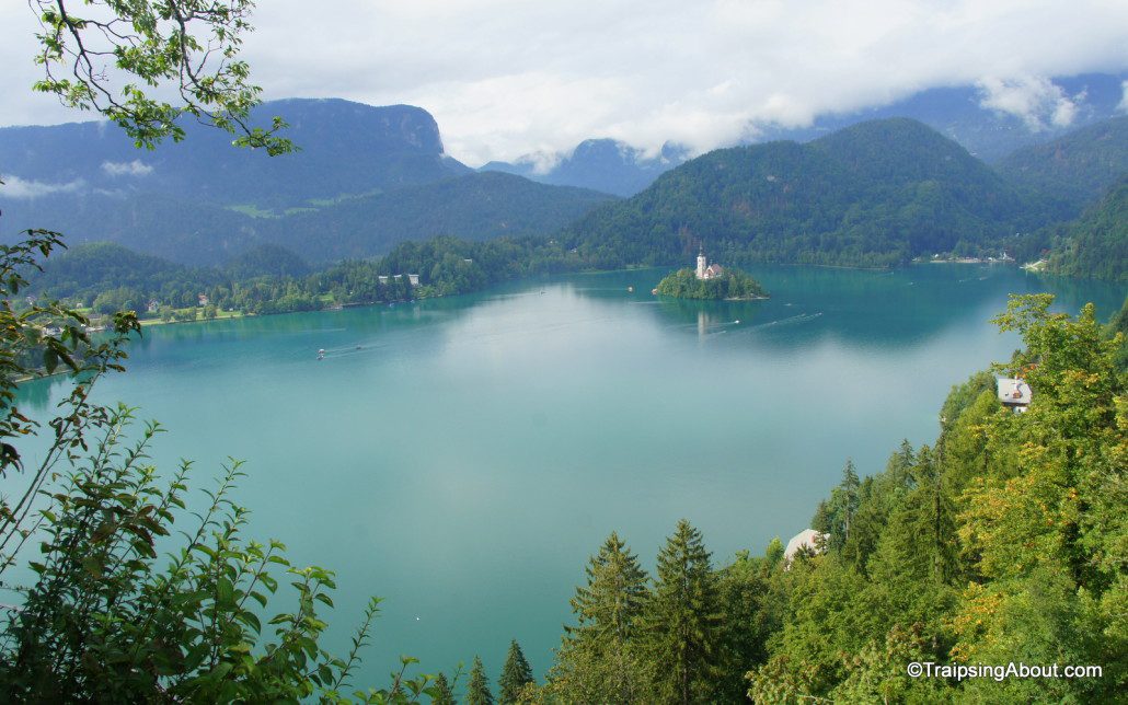 The idyllic Lake Bled and the famous church atop an island in the center.