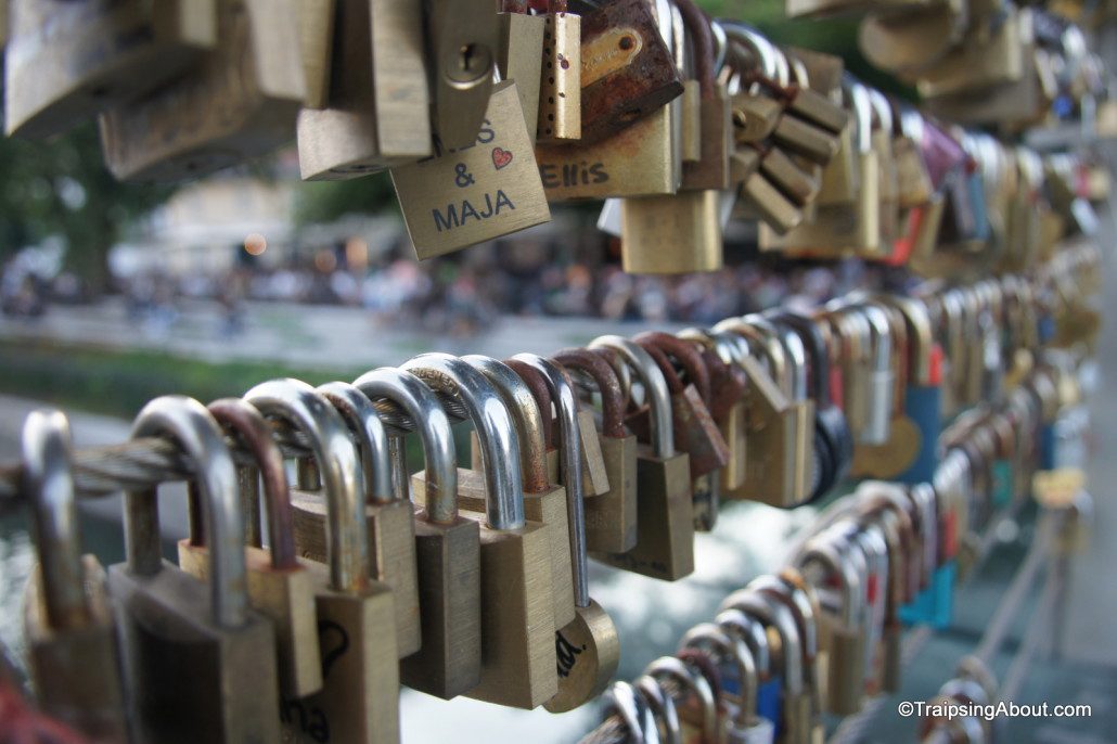 Locks of love decorate a bridge in Ljubljana.