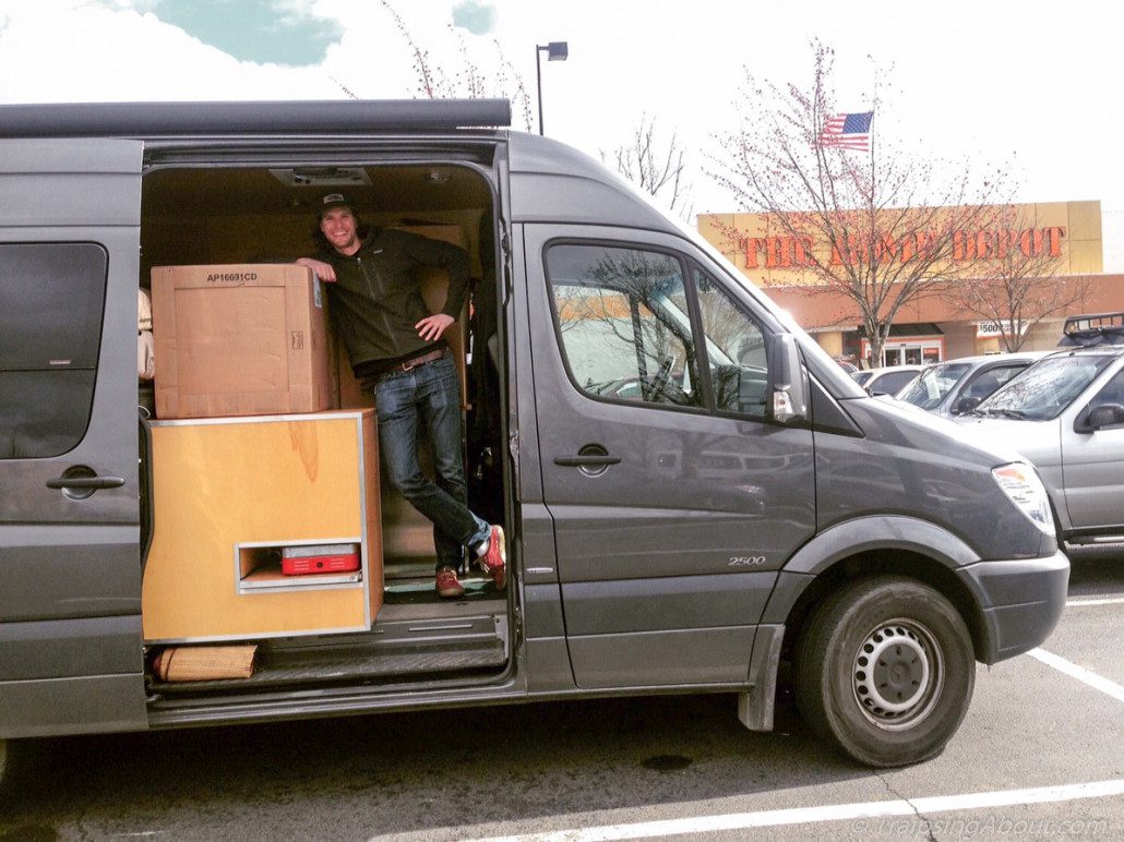 Our van doesn't just haul bikes - here it is carrying a new water heater and two boxed cabinets for my buddy Eric.