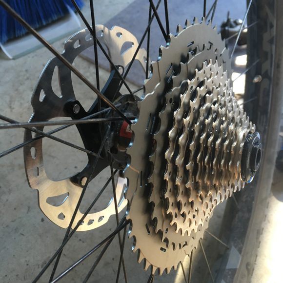New rear cassette (11-46, if you're curious) and bigger brake rotors (180mm).
